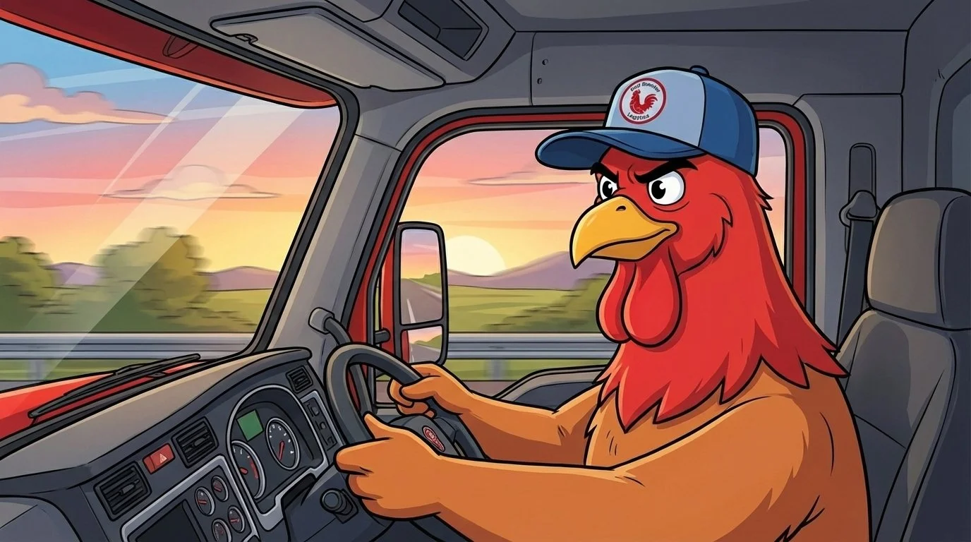 An animated bird with a red head and yellow beak, wearing a blue and white trucker hat, driving a truck on a highway during sunset.