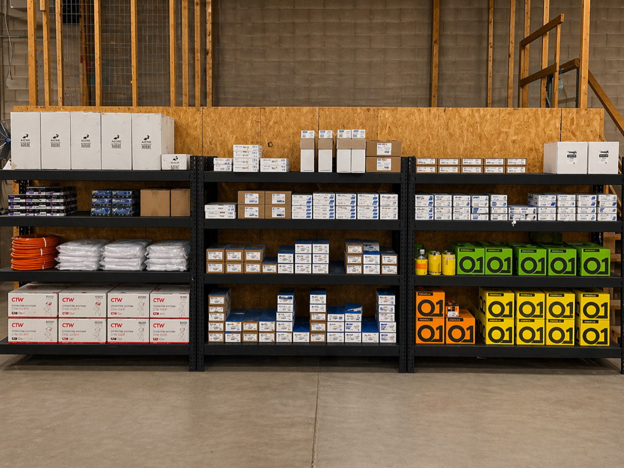 Shelves in a warehouse stocked with boxes, tools, and supplies.