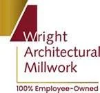 Logo for Wright Architectural Millwork with red and gold geometric design and text indicating 100% employee-owned.