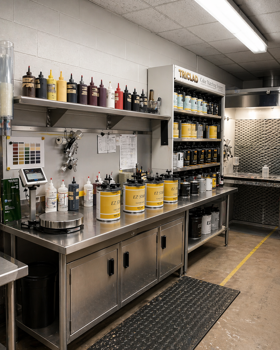 A workshop with stainless steel counters and shelves holding various bottles of paint or chemicals, a digital scale, and tools, likely used for industrial or printing purposes.