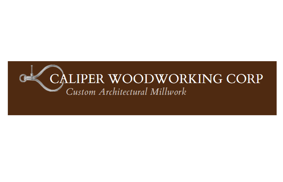 Company logo for Caliper Woodworking Corp with a caliper illustration and a brown background, featuring the tagline "Custom Architectural Millwork".