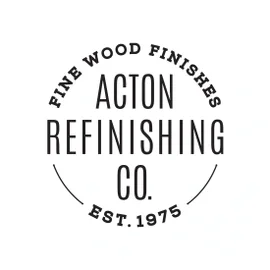 Logo for Acton Refinishing Co., specializing in fine wood finishes, established in 1975.