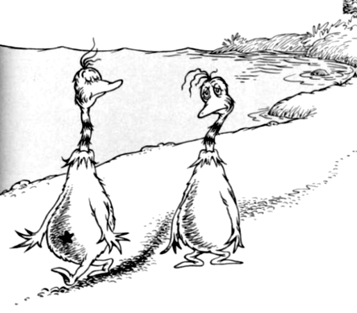 Two cartoon storks walking along a lakeshore with trees in the background.