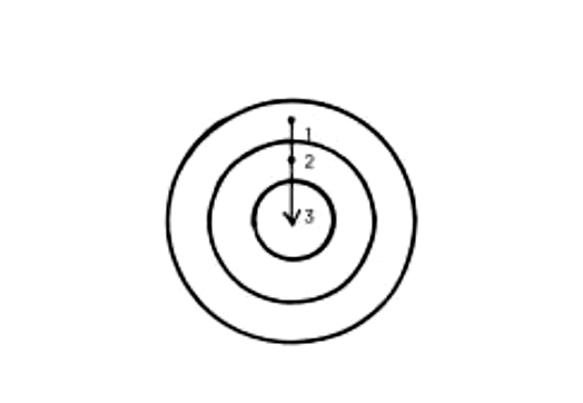 A paper target with three concentric circles labeled 1, 2, and 3, and a downward arrow indicating a shot in the third circle.