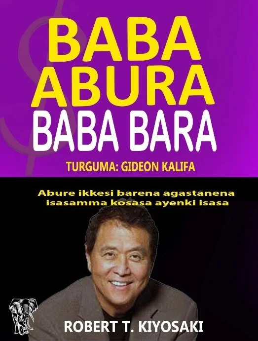Book cover with purple and black background, large yellow and white text saying 'Baba Abura Baba Bara', author's name Robert T. Kiyosaki at the bottom, and a photo of a smiling man in a suit.