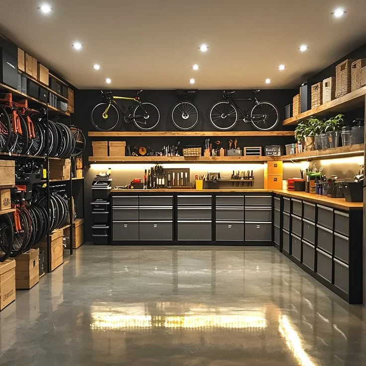 Un atelier fermé avec des vélos suspendus au mur, des outils, et des rangements.