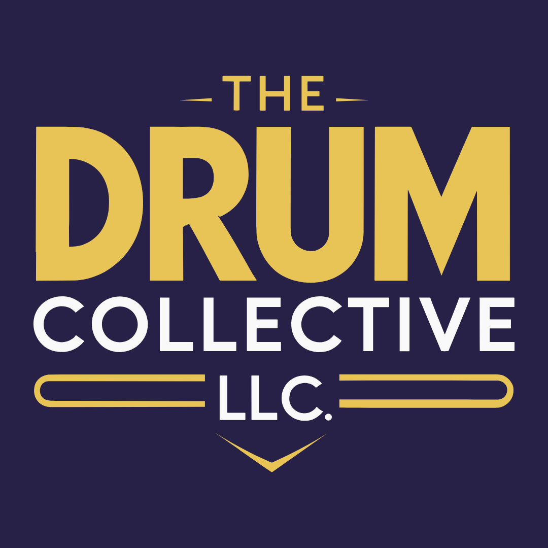 Logo for The Drum Collective LLC with navy blue background and gold and white text.