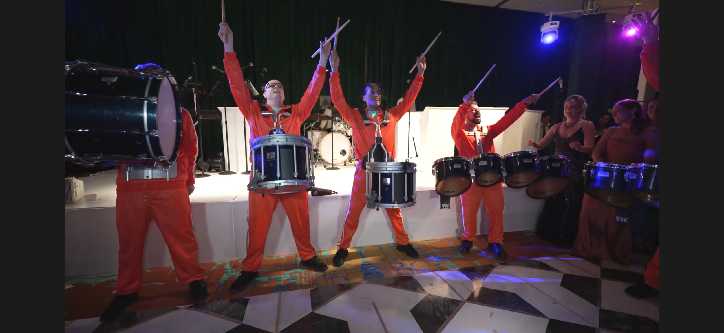 Five-person drumline performing at an outdoor auto show
Roaming brass and percussion band welcoming convention guests
The Groove Chefs playing rhythms on grills, pots and pans.
Percussion director rehearsing performers for a theatrical production
