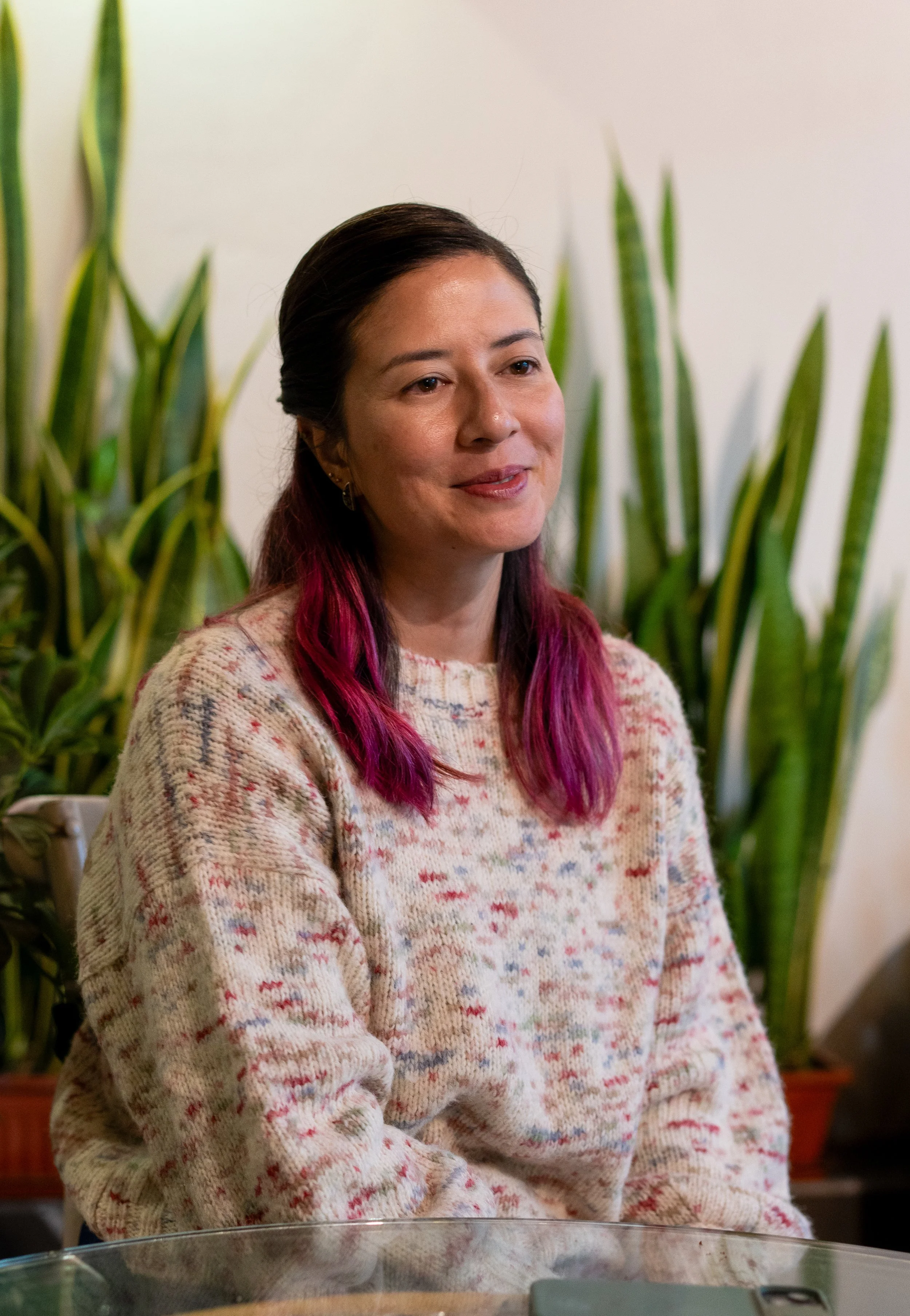 A woman with long dark hair fading into pink, sitting indoors in front of tall green plants, wearing a multicolored knitted sweater.