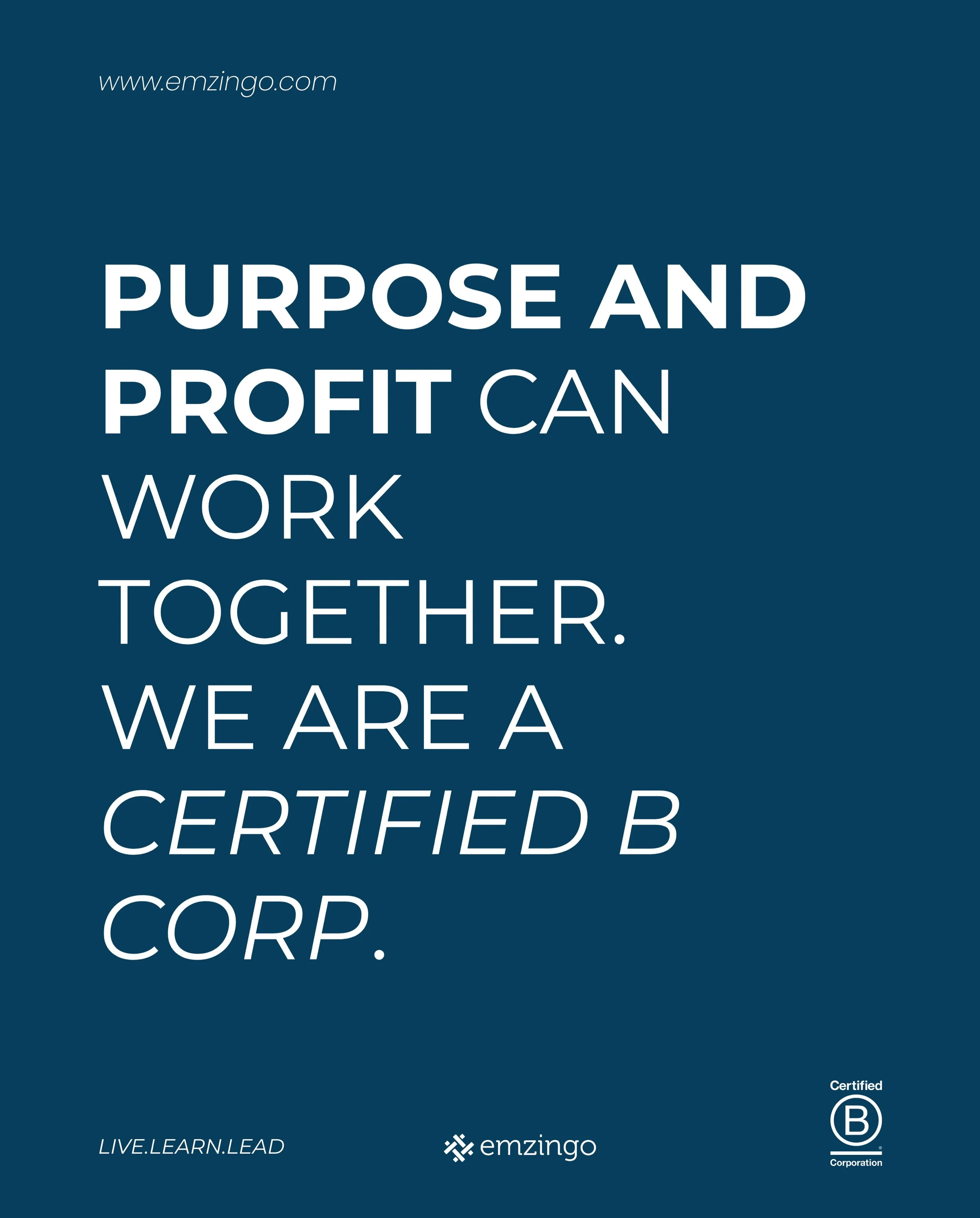 Purpose and profit are not opposites.

As a certified B Corp, Emzingo meets the same rigorous standard we ask of the leaders and organizations we work with. B Corp certification is not a label we picked up along the way. It is an ongoing commitment t