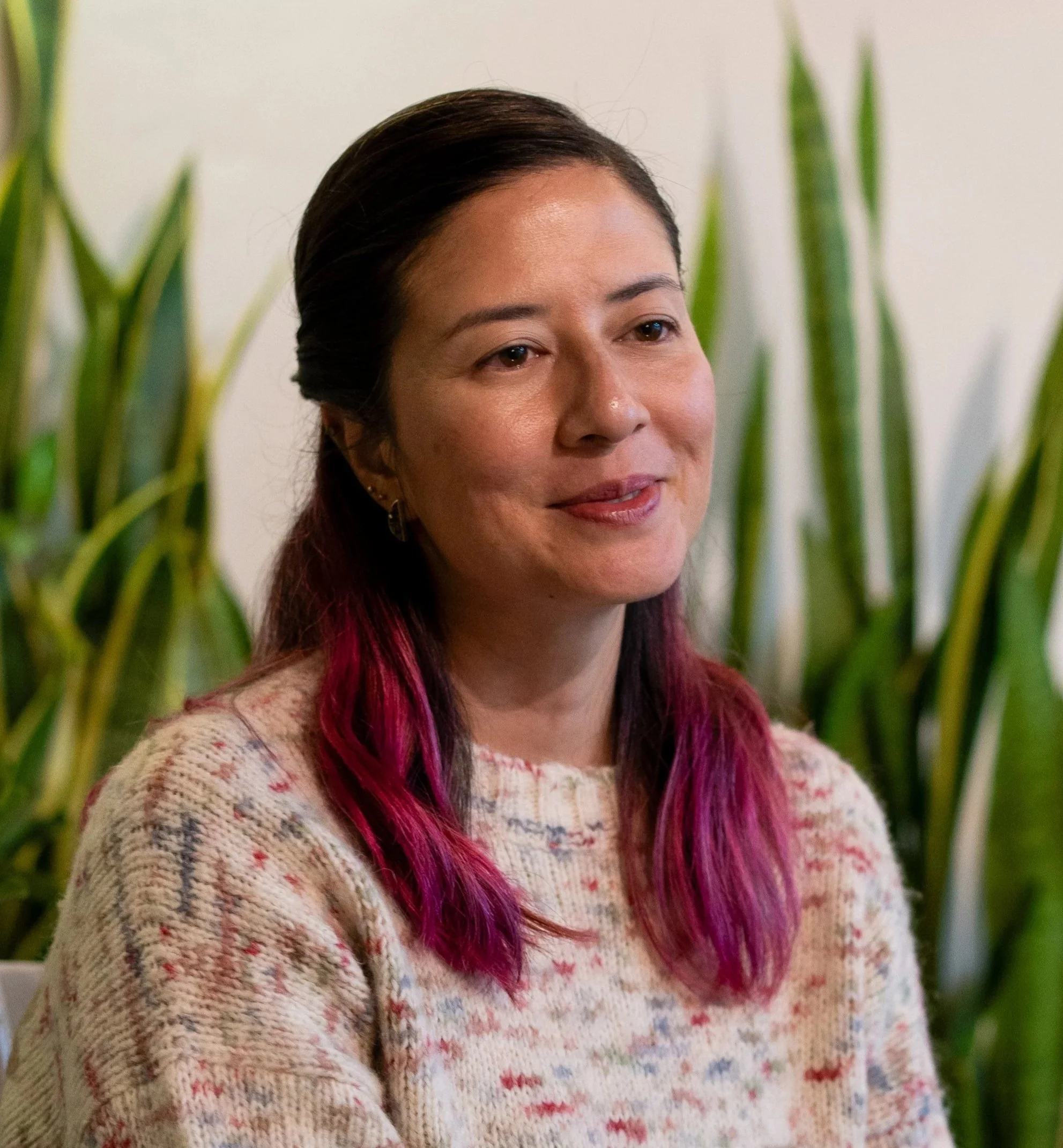 A woman with long dark hair fading into pink, sitting indoors in front of tall green plants, wearing a multicolored knitted sweater.