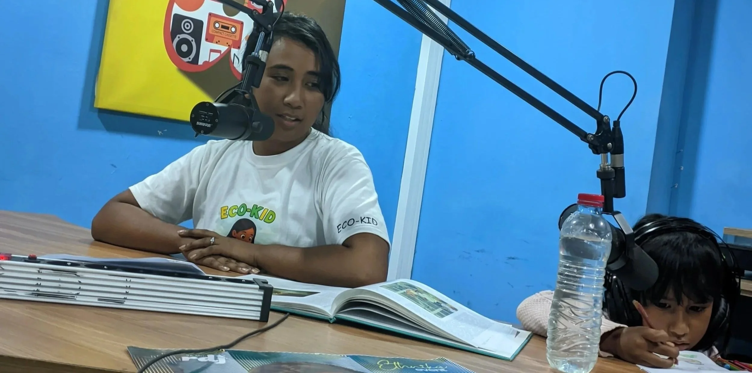 Précieuse recording the Eco-Kid children's environmental radio show at Oasis TV/Radio in Madagascar