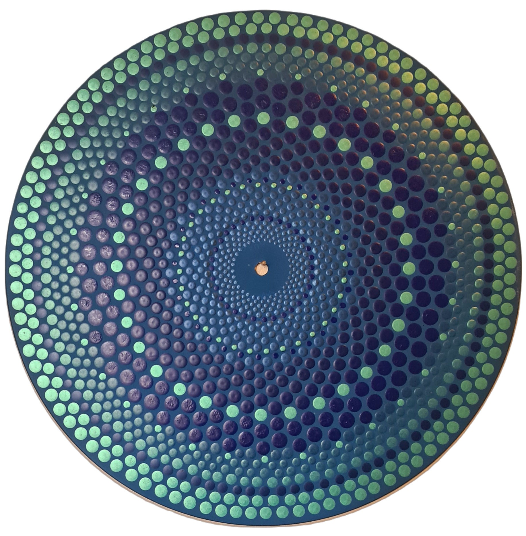 Close-up of a microscope slide with numerous circular wells arranged in concentric circles.