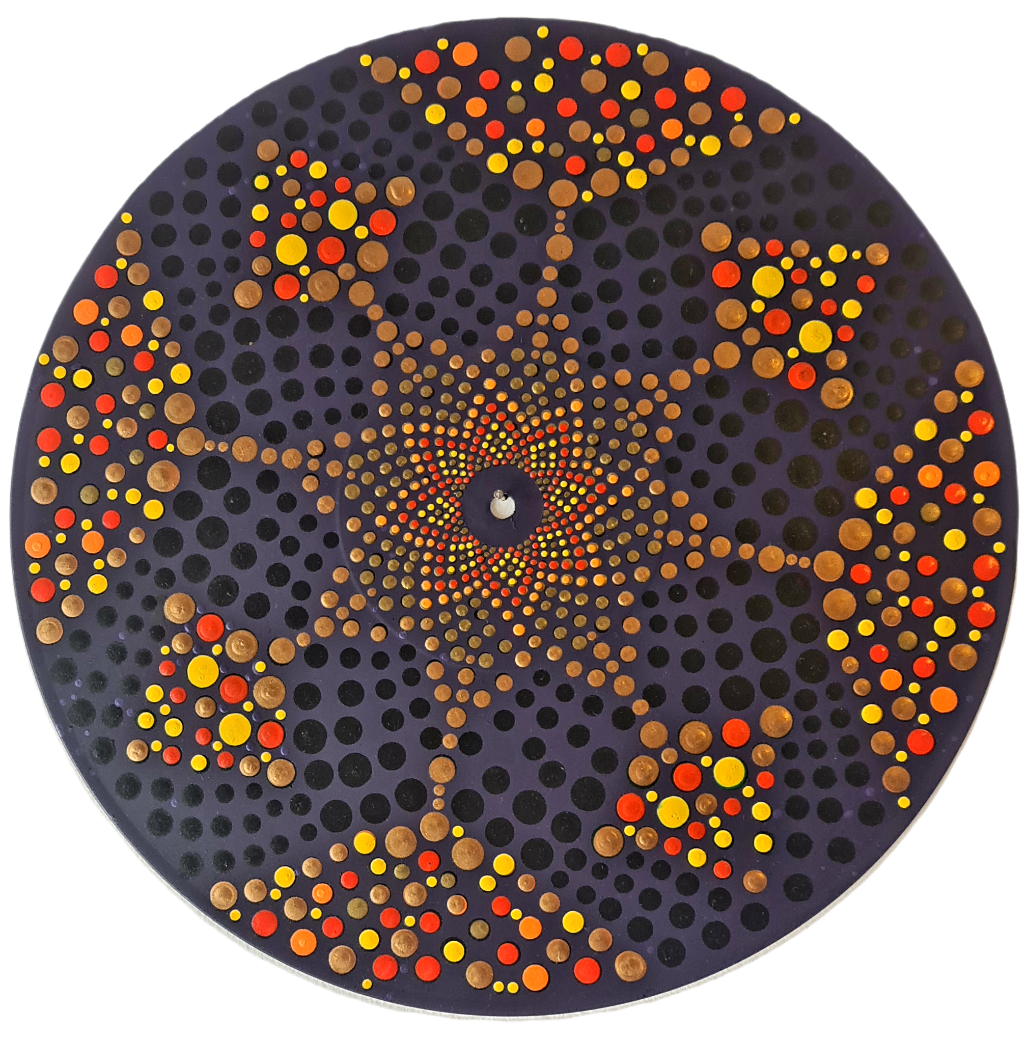 Close-up of a circular mosaic artwork with a spiral pattern made of small, colorful dots in shades of yellow, orange, red, brown, and black, set on a dark circular background.
