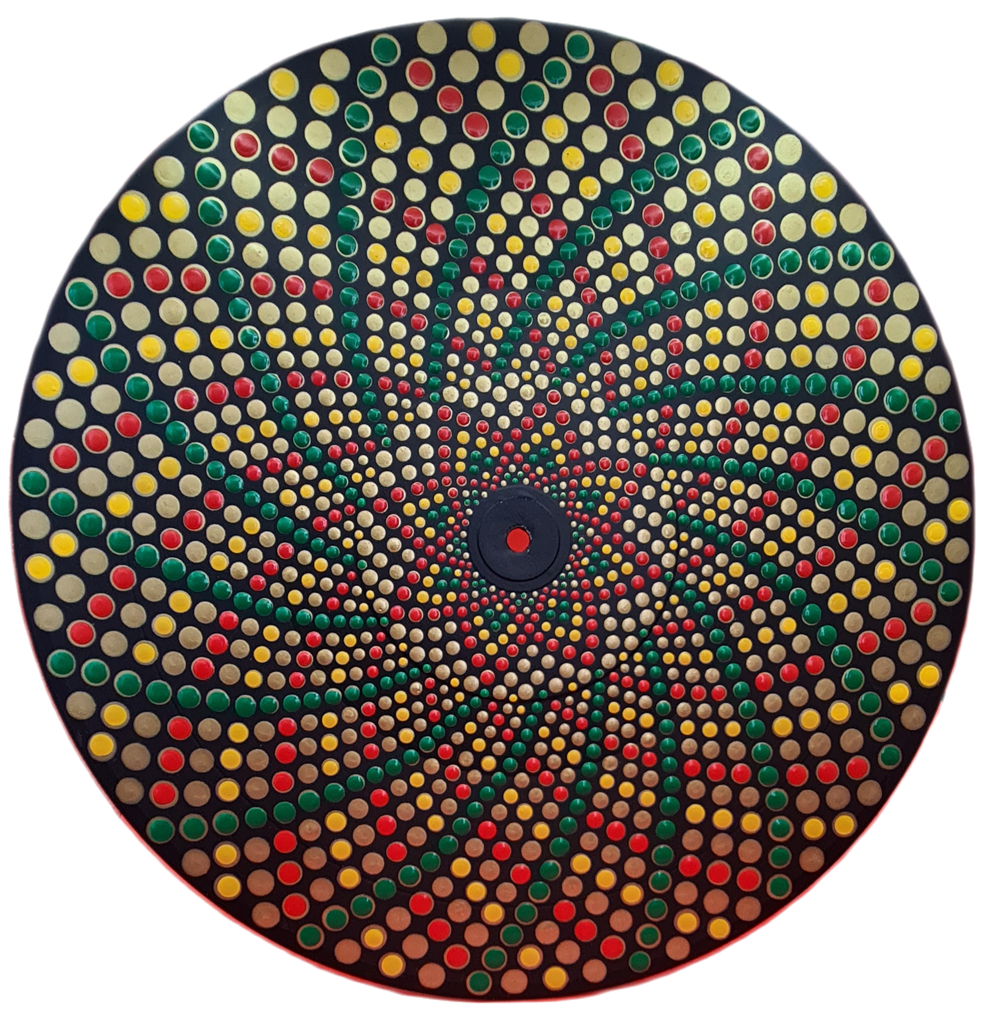 Close-up of a circular, black tic-tac-toe game with multicolored plastic pegs arranged in a spiral pattern, featuring red, yellow, green, and white pegs.