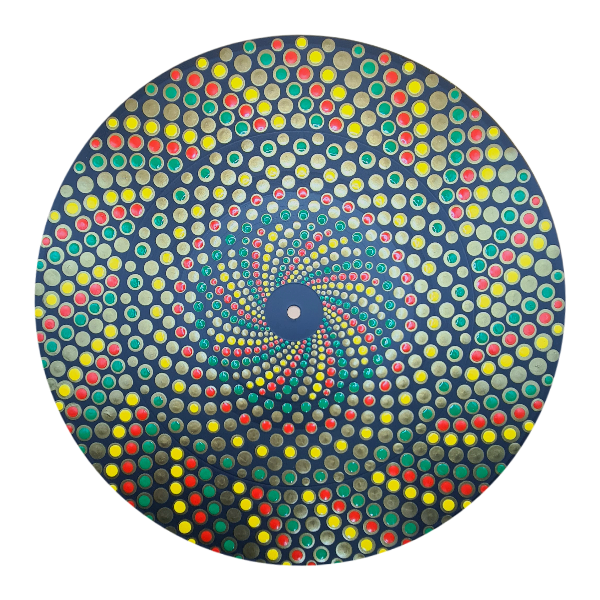A circular pattern of colorful dots in red, yellow, green, and teal on a black background, creating a spiral visual effect.