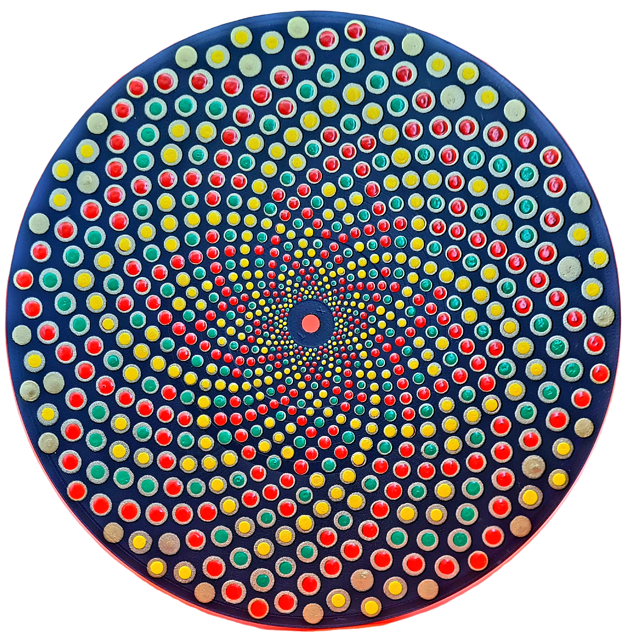 A large, circular, spiral pattern of small, colored dots on a dark blue background, with the dots decreasing in size toward the center.