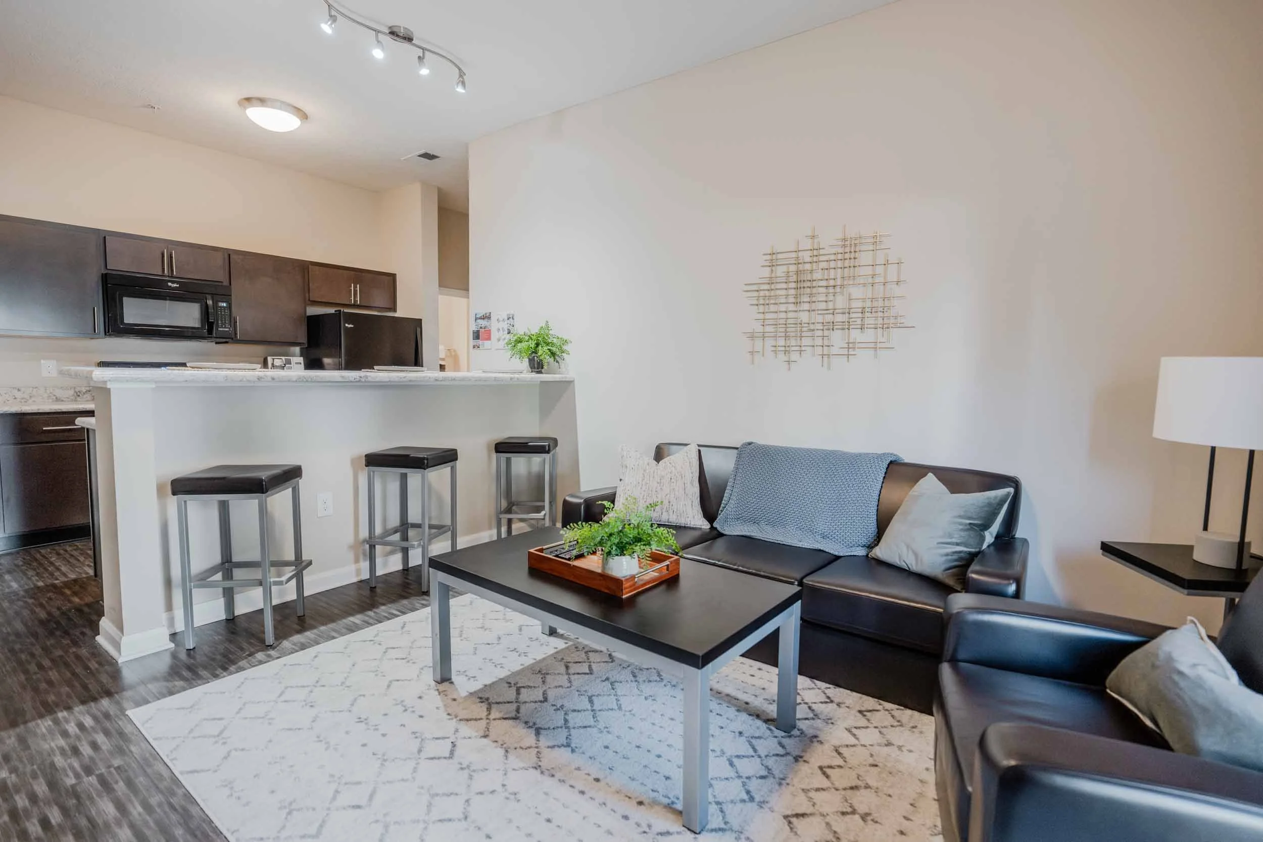 Living room with black leather sofa, grey and beige pillows, a black coffee table with a greenery tray, and an area rug. Behind the sofa, there's a white wall with a decorative art piece. To the right, a black side table with a white lamp. The open kitchen with dark cabinets, a microwave, and a countertop with barstools is visible in the background.