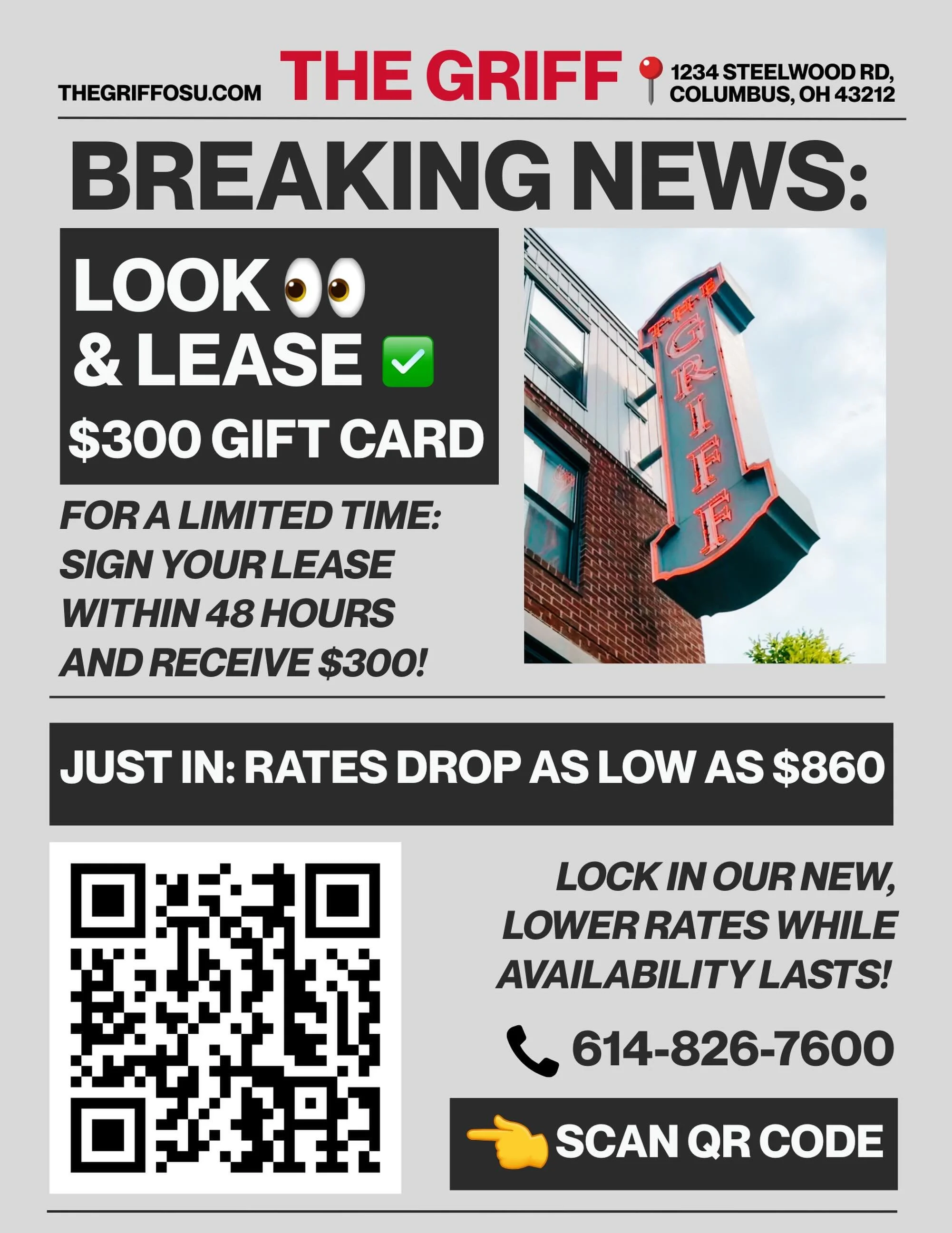 🚨 BREAKING GRIFF NEWS 🚨

🔥The New Look &amp; Lease Special is LIVE 👀
✨ App &amp; Admin Fee WAIVED
💸 New rates starting as low as $860

Don&rsquo;t miss out &mdash; DM for more info! 📩