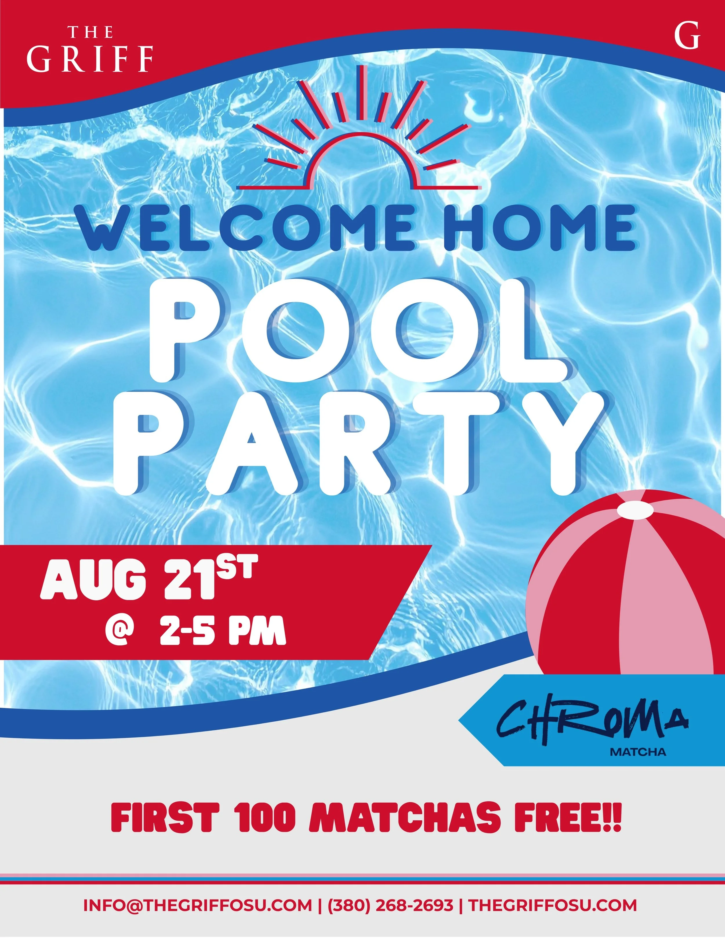 Welcome home, Griff 🏡🌊

📅 Aug 21st
⏰ 2-5PM
📍 The Griff Pool and Clubhouse

And because we love you &mdash; @chroma_matcha is popping up and the first 100 matchas are completely FREE 🍵✨ (yes, you read that right.)

Come cool off, meet your neighb