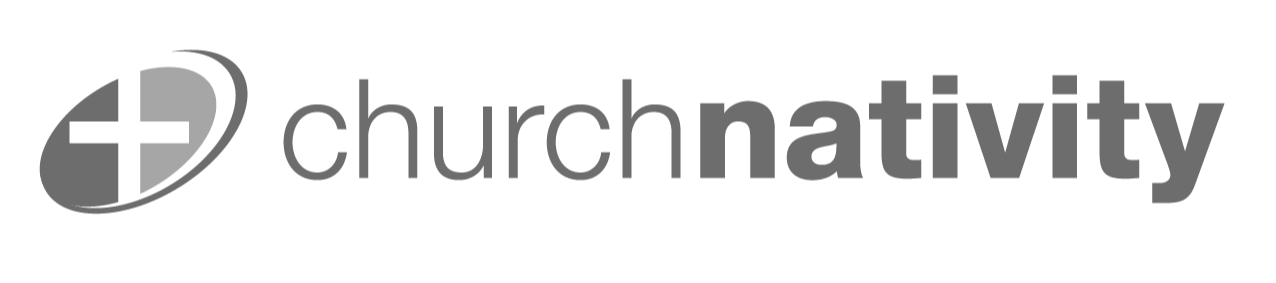 Logo for churchnativity with a cross inside a stylized globe, in black and gray