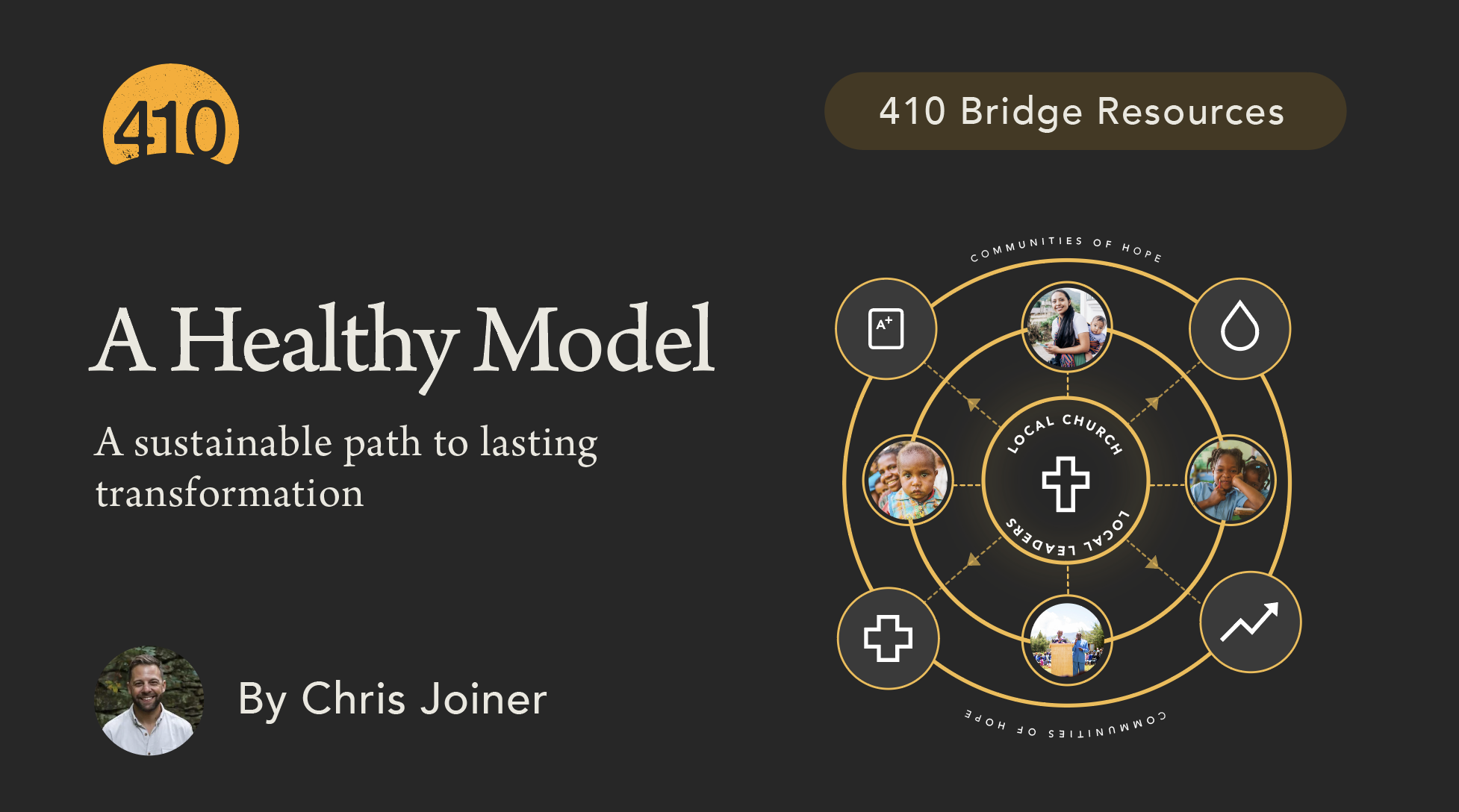 Cover of a publication titled "A Healthy Model: A sustainable path to lasting transformation" by Chris Joiner, featuring a circular diagram with images of diverse children and community members, connected to a central logo of a local church.