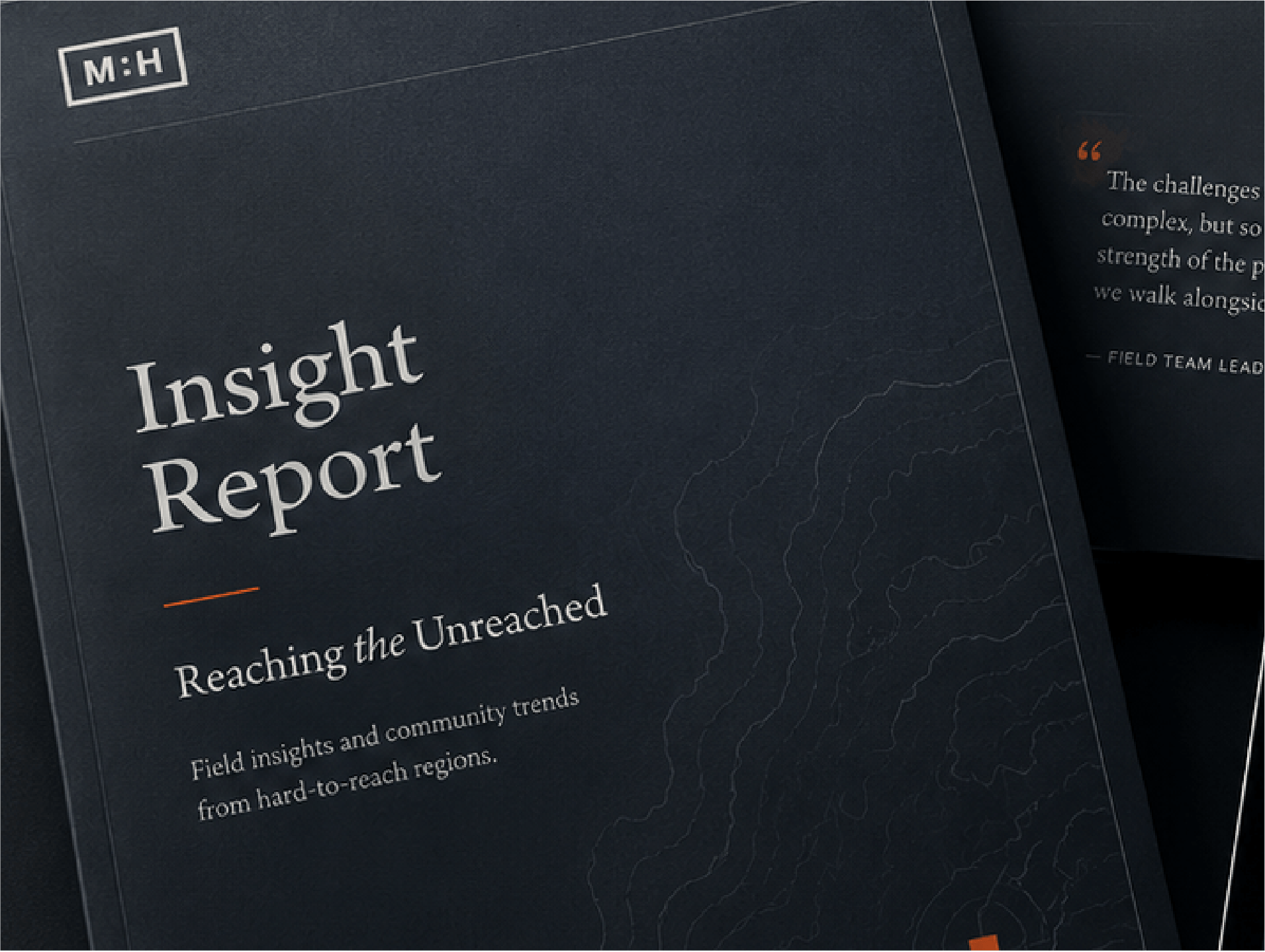 Close-up of a publication titled 'Insight Report' with a dark background, some white text, and a faint outline of a map.