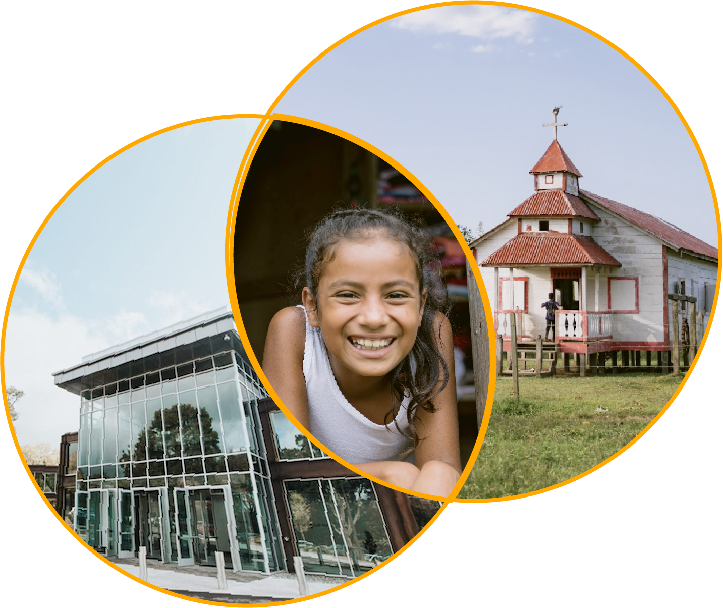 Collage of houses and a smiling girl with dark hair, wearing a white tank top.