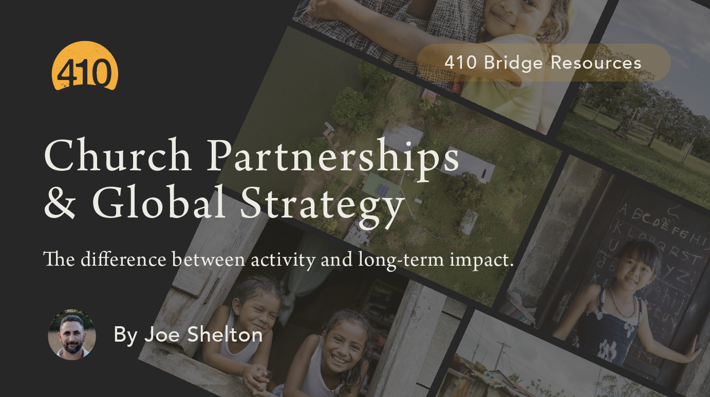 Title slide for a presentation on church partnerships and global strategy, featuring a collage of images including children in a classroom, a child drawing on a chalkboard, and an aerial view of a rural community with solar panels, with text overlay about church collaborations and impact.