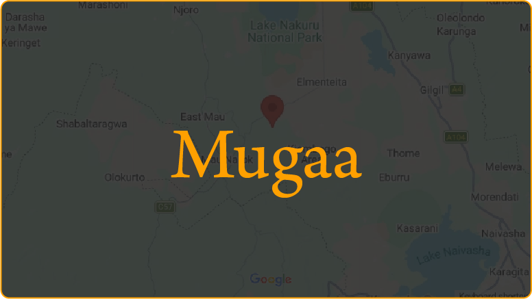 Map showing the location of Mugaa near Lake Nakuru National Park in Kenya with surrounding towns and roads.
