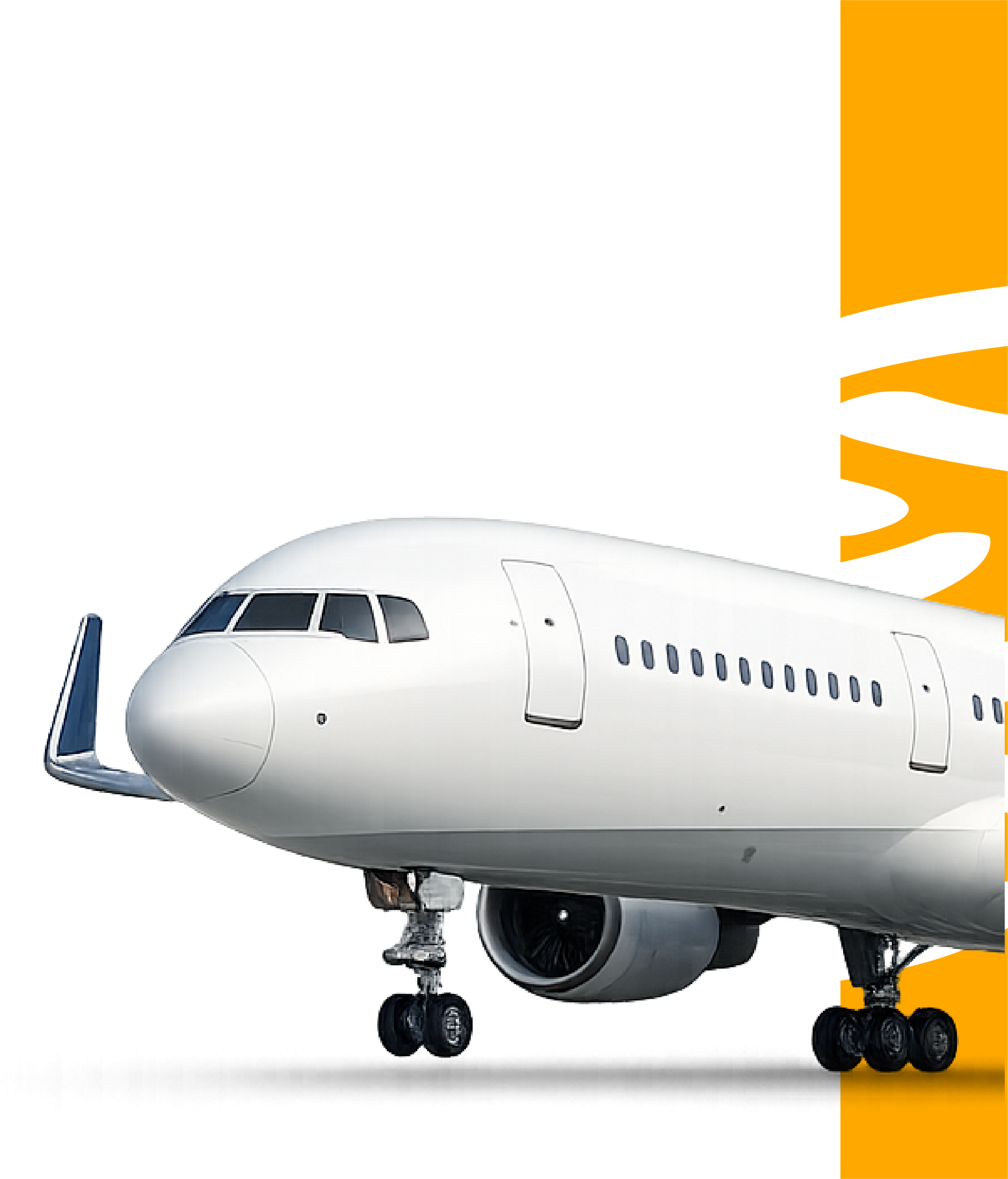 A white airplane with a visible cockpit and engine, on a yellow and gray background, with black tires underneath.