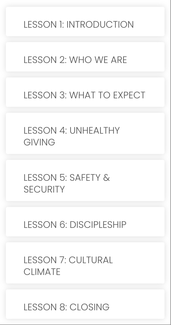 A list of lessons numbered 1 through 8, including topics such as introduction, who we are, what to expect, unhealthy giving, safety and security, discipleship, cultural climate, and closing.