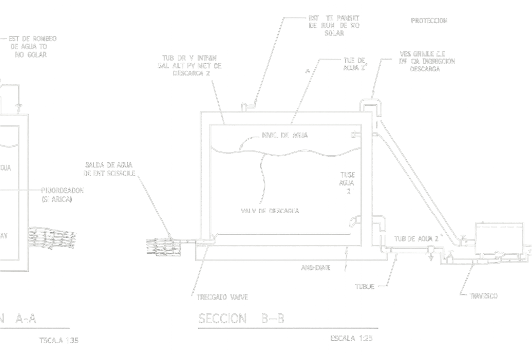 Engineering blueprint of a water tank system showing water level, drainage valve, protective layers, and piping connections.