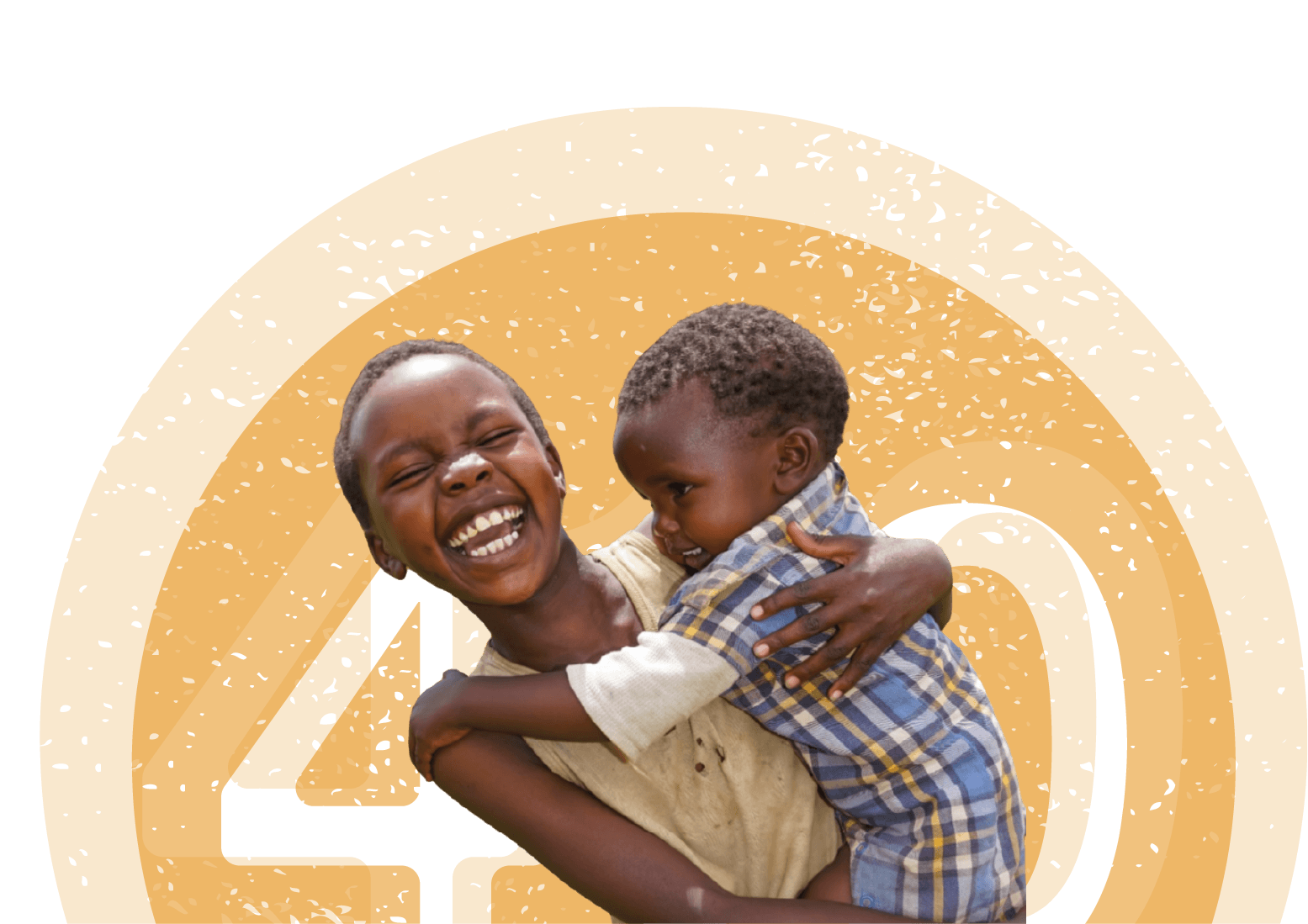 A smiling young girl with short hair and a yellow shirt hugging a young boy with curly hair and a checkered shirt, with orange and black background.
