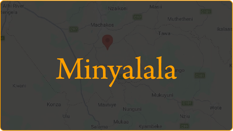 Map showing the location of Minyalala, a place in Kenya near Machakos and Kivani, with surrounding towns and roads.