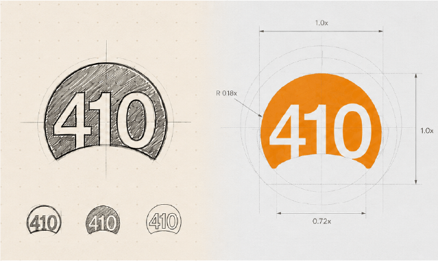 Technical drawing and logo mockups of the number 410, including sketches, circle outlines, and a version with an orange background.