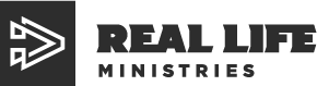 Logo of Real Life Ministries, featuring an arrow symbol beside the text.