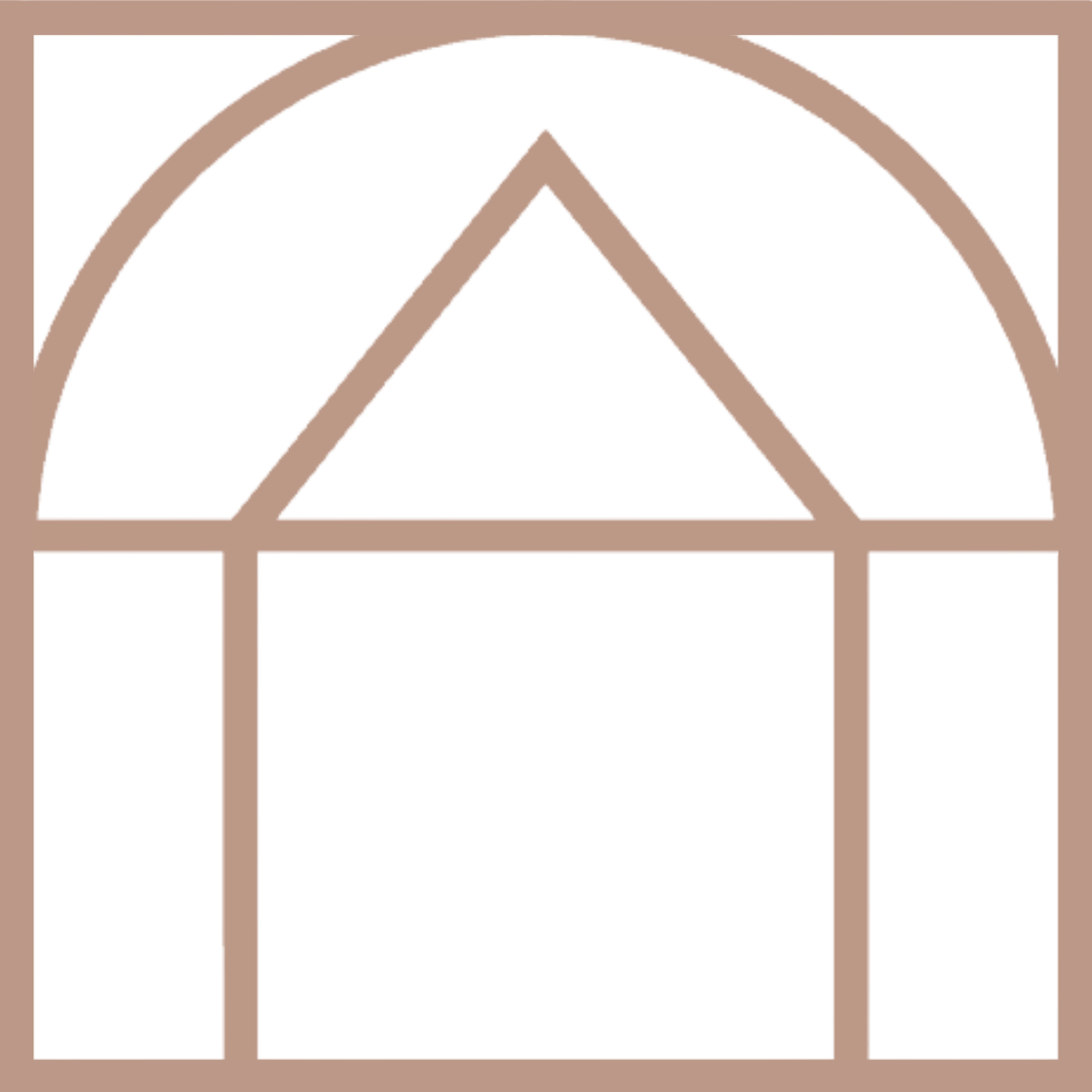 A stylized illustration of a house with a large pink door, beige walls, and a arched front window with three sections showing colorful buildings outside.