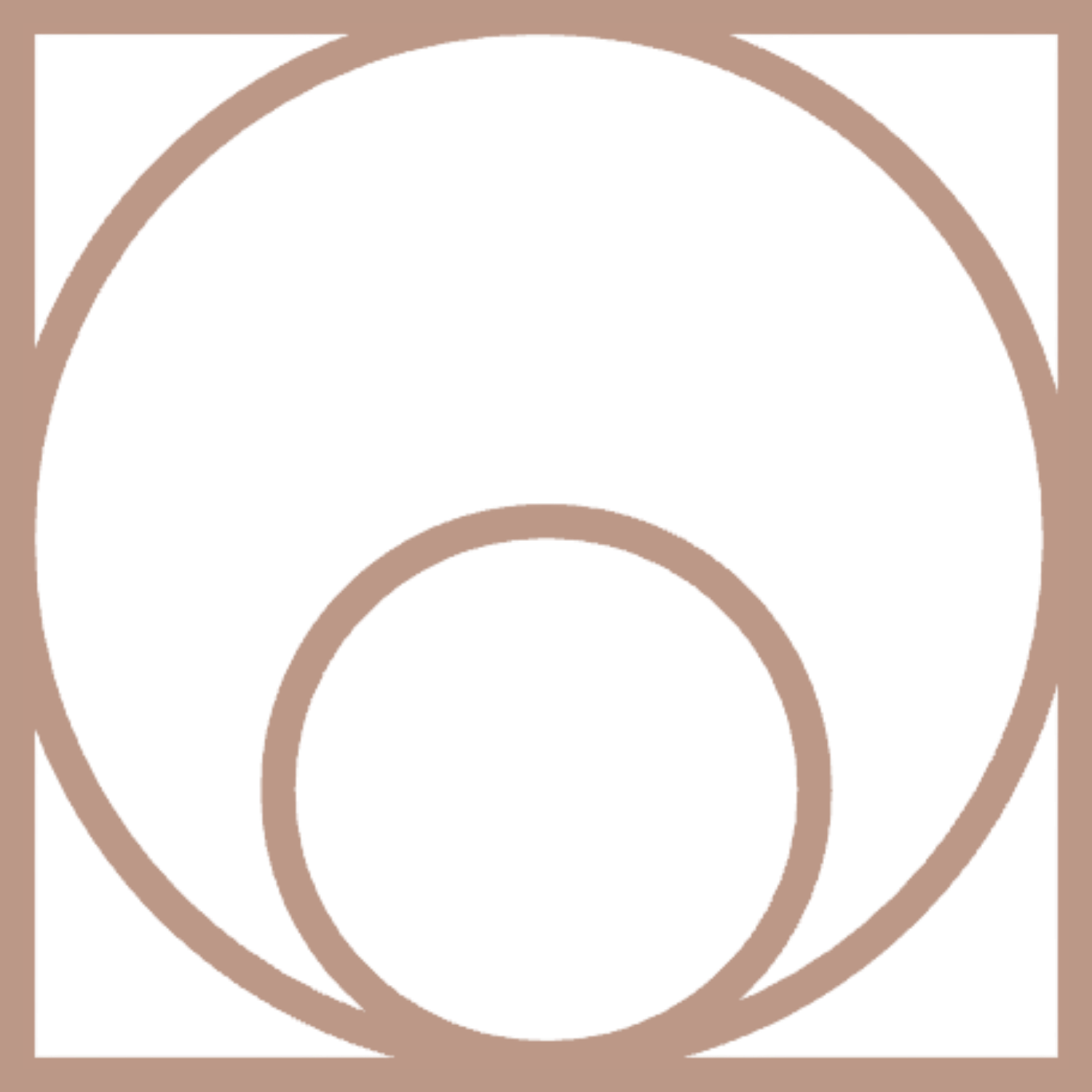 A black background with a large gray-bordered circle and a smaller gray-bordered circle overlapping the bottom of the larger circle, all on a tan background.