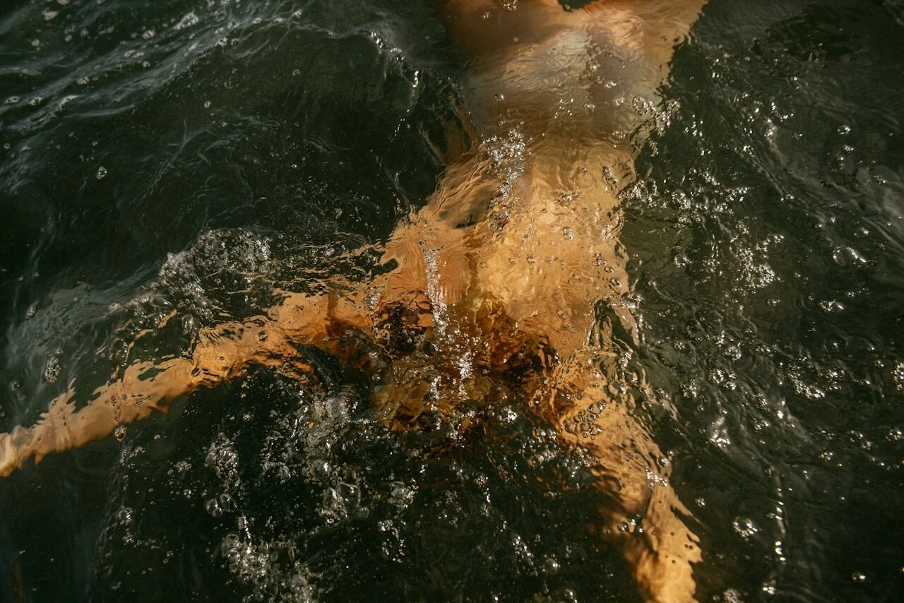 A dog swimming in dark water, with water splashing around its body.