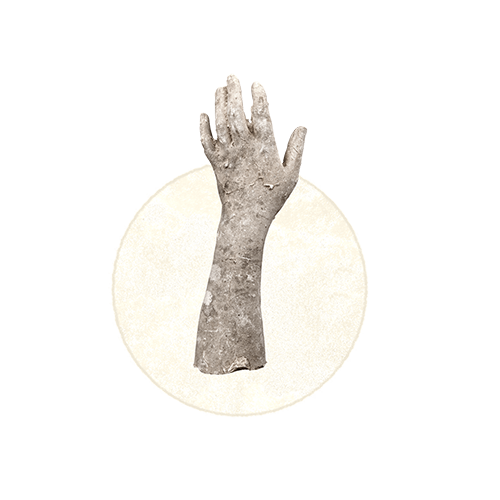 Illustration of a raised human hand and arm with a textured appearance, placed in front of a white circle background.