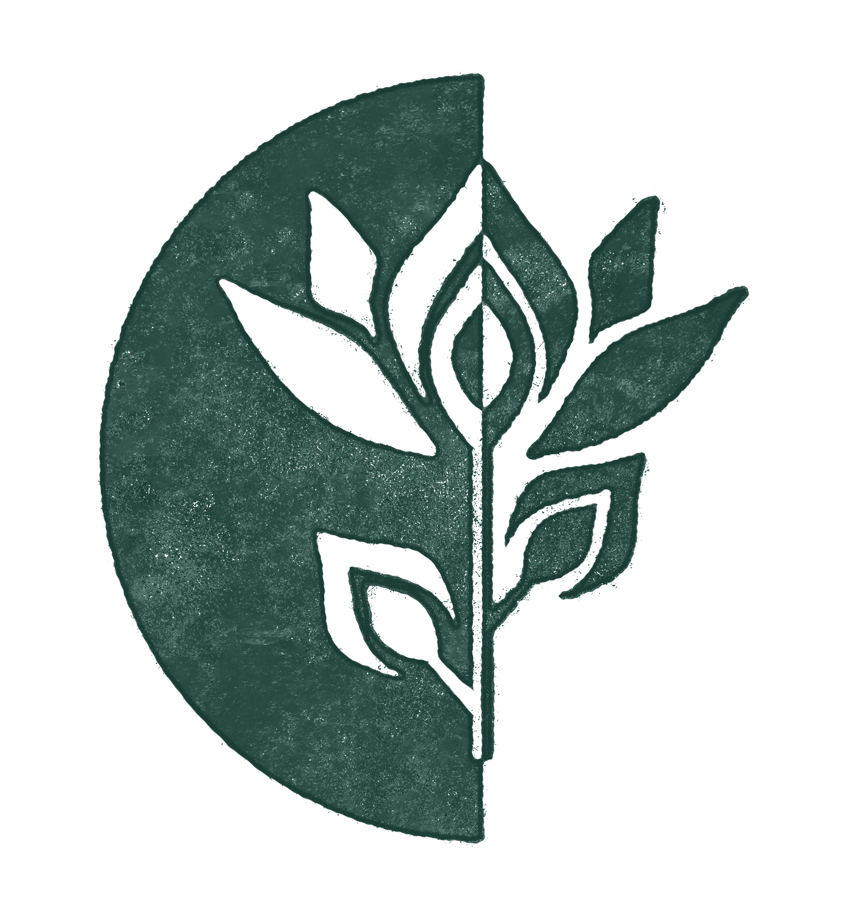 Green moon shape with a black line drawing of a plant with leaves and a flower in the center.