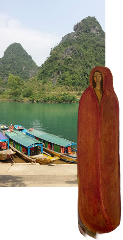 A landscape with limestone karst mountains, a river, and boats in the water. An illustration of a woman in a brownish-orange dress is superimposed on the right side.