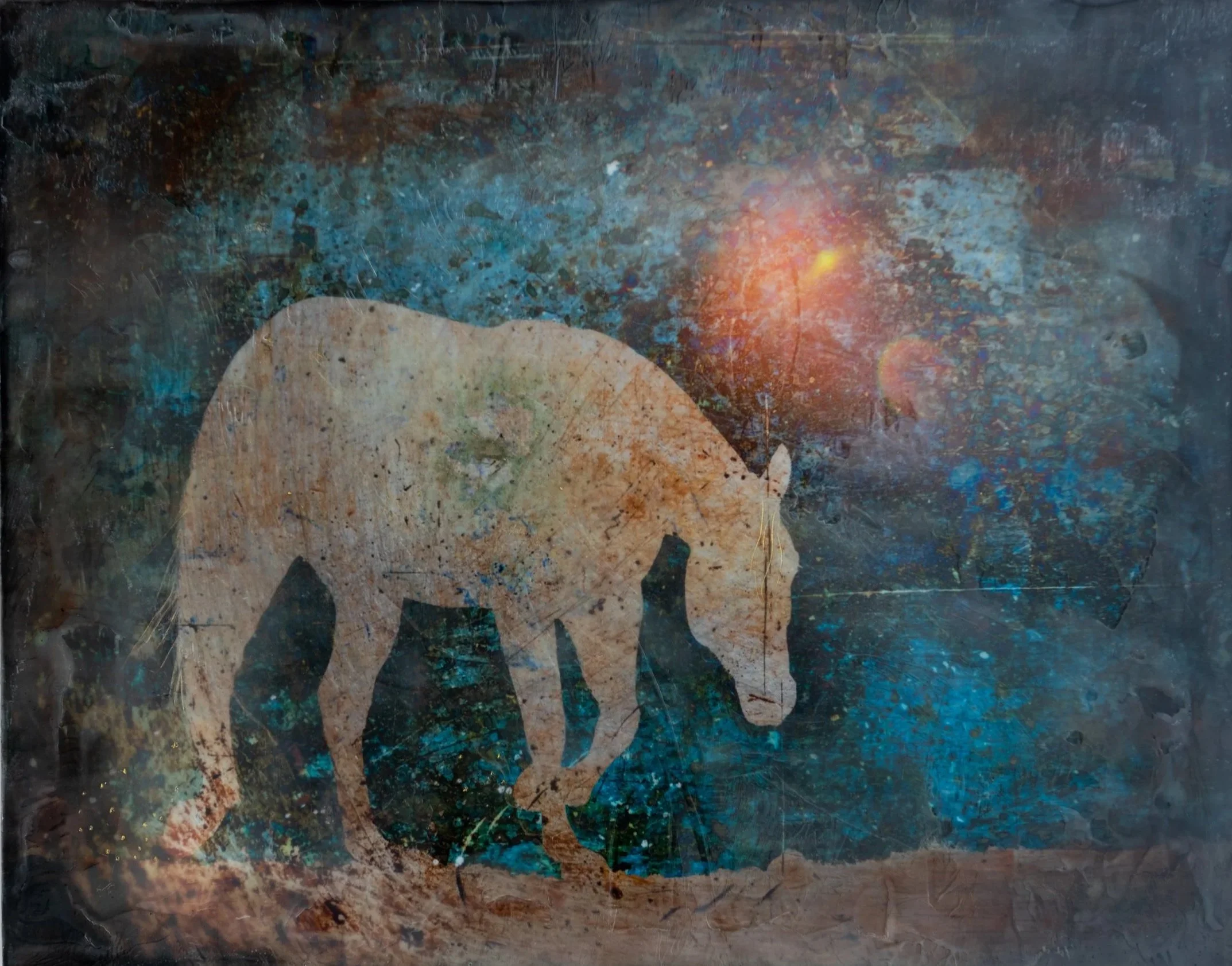 LONE by Christy Dunn western art Rendezvous West Collection mixed media wax and fire painting