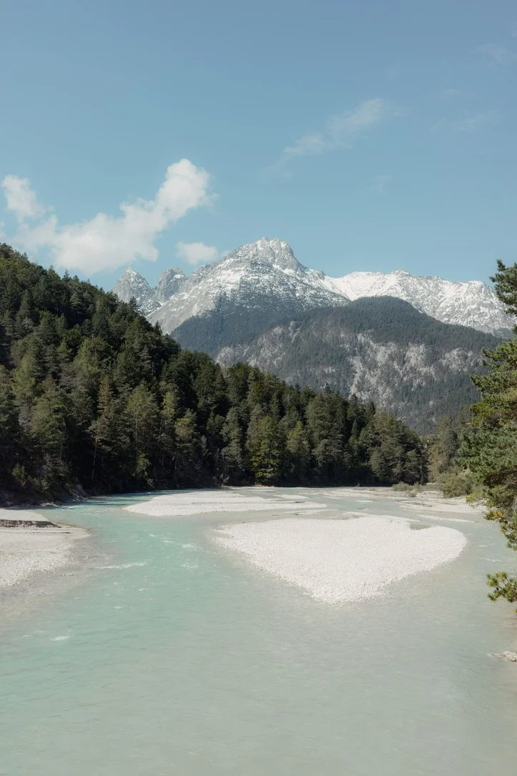 Scenic view of a river flowing through a forested valley with snow-capped mountains in the background.