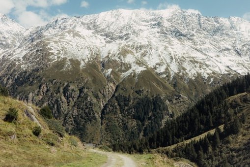 Snow-capped mountain with green forested slopes and a winding dirt road at the base.
