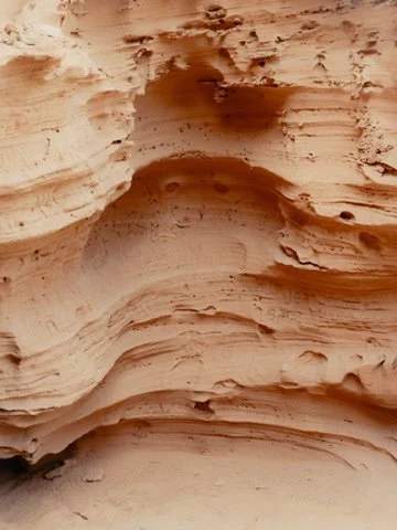 Close-up of layered sandstone formations with smooth, curved surfaces in a desert setting.