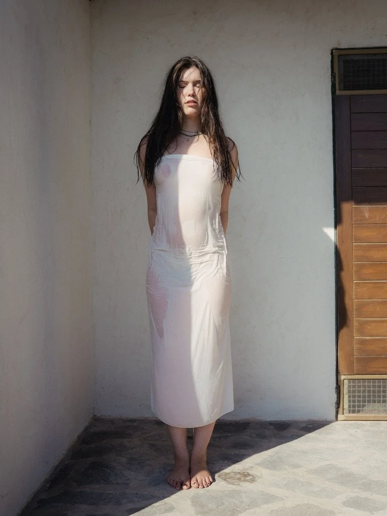 A young woman with long dark hair is standing barefoot on a dirty gray concrete floor outdoors against a beige wall, with part of a wooden door visible on her right.