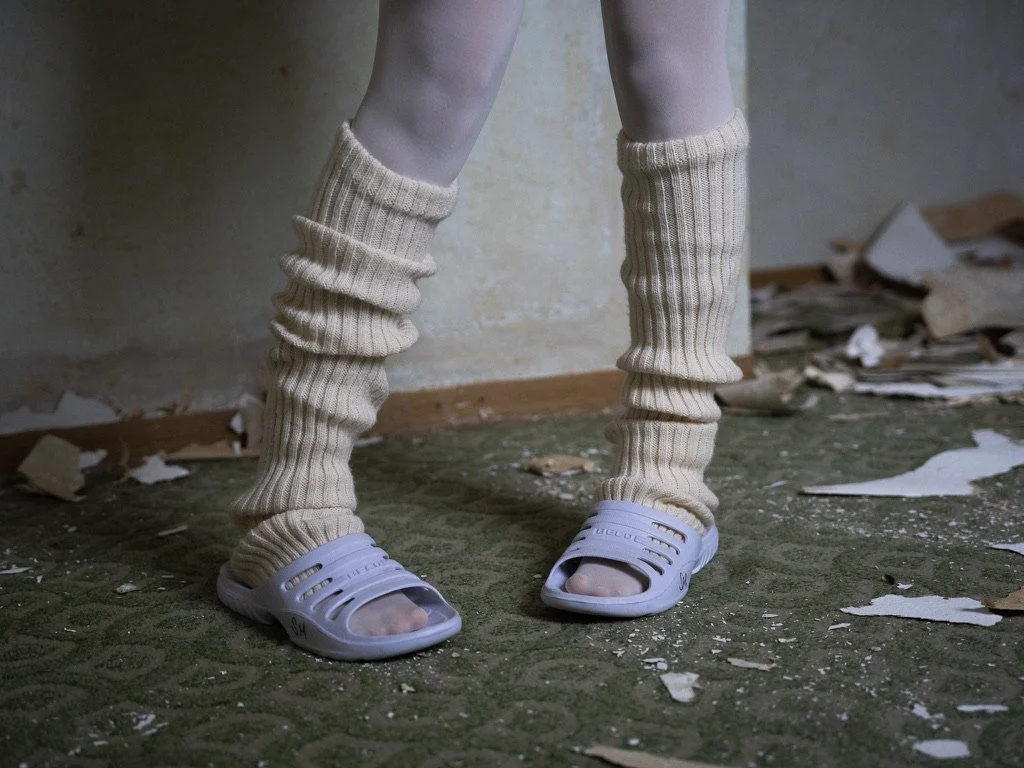 Person wearing beige knee-high socks and wearing slippers, standing on a messy, debris-covered floor in a dilapidated room.