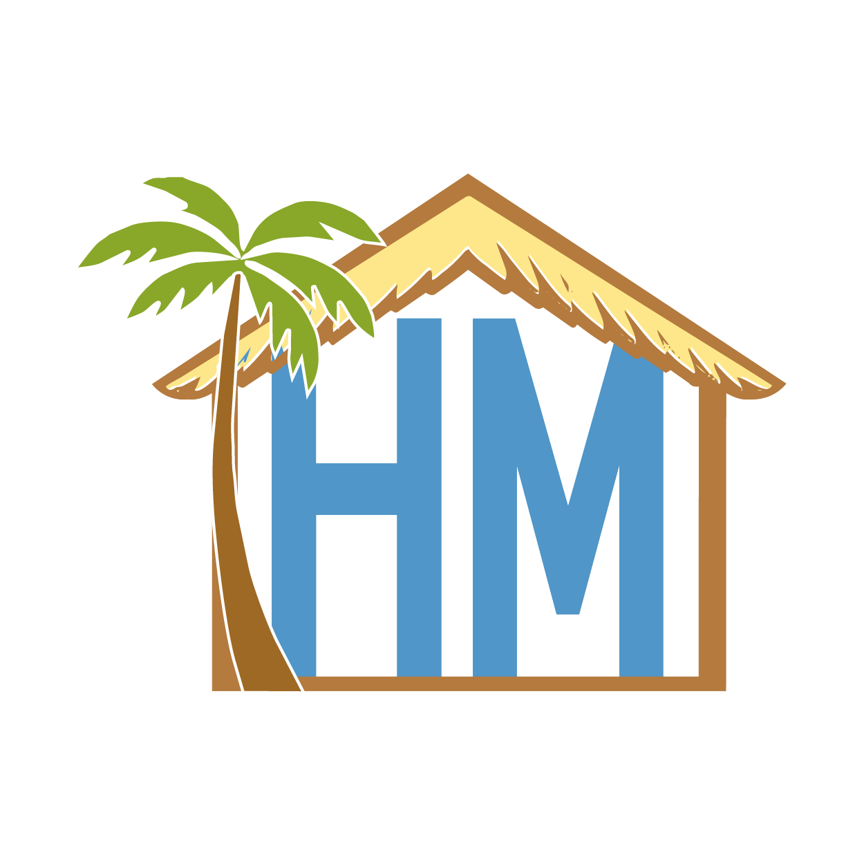 Illustration of a beach house with the letters 'H M' inside, a palm tree on the left, and a thatched roof. HAVEN MEDIA LOGO.